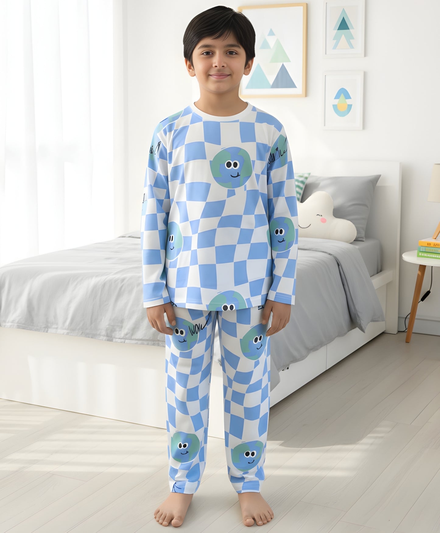 GLOBE CHECK LONG SLEEVE PYJAMA  SET - BLUE