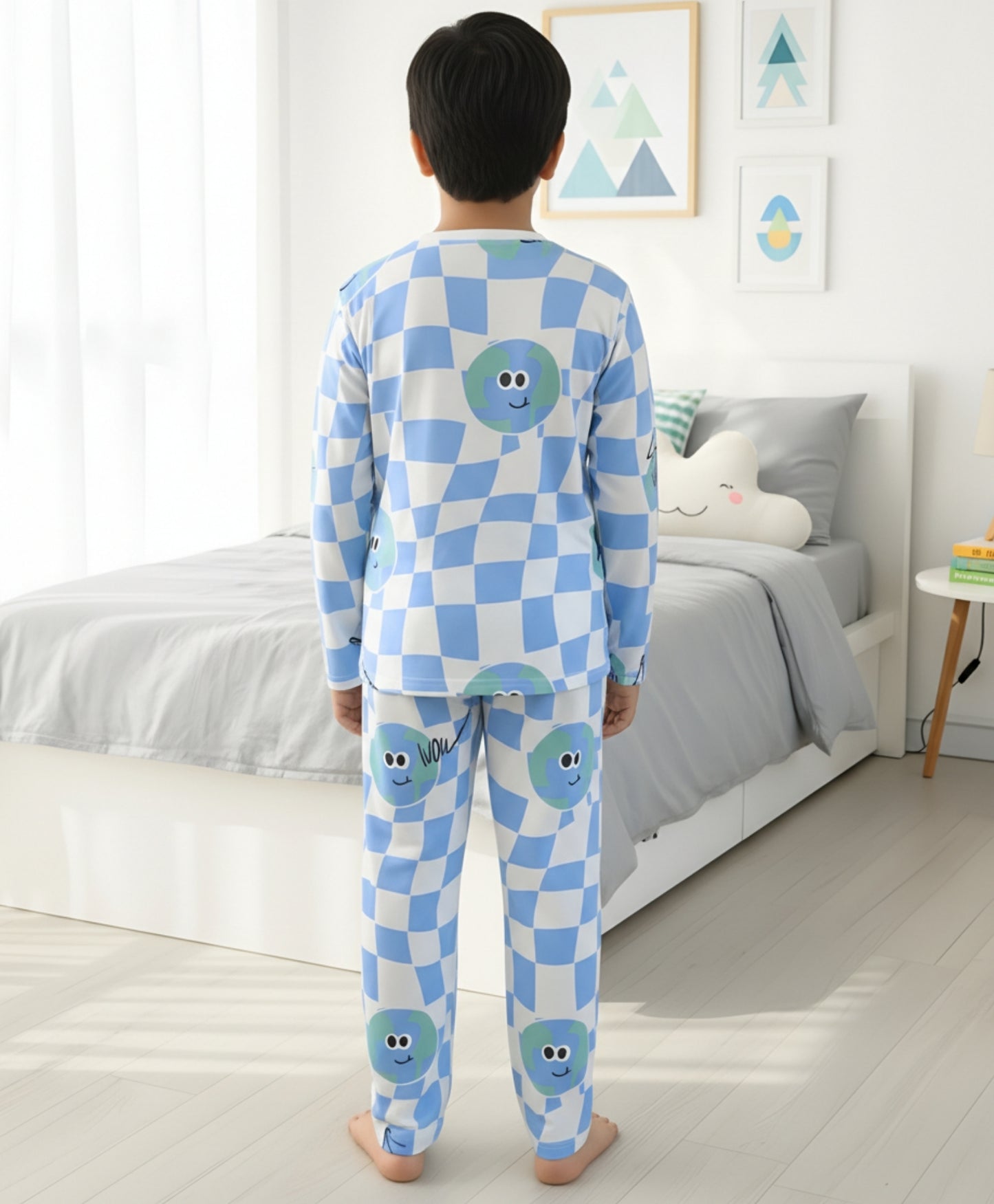 GLOBE CHECK LONG SLEEVE PYJAMA  SET - BLUE