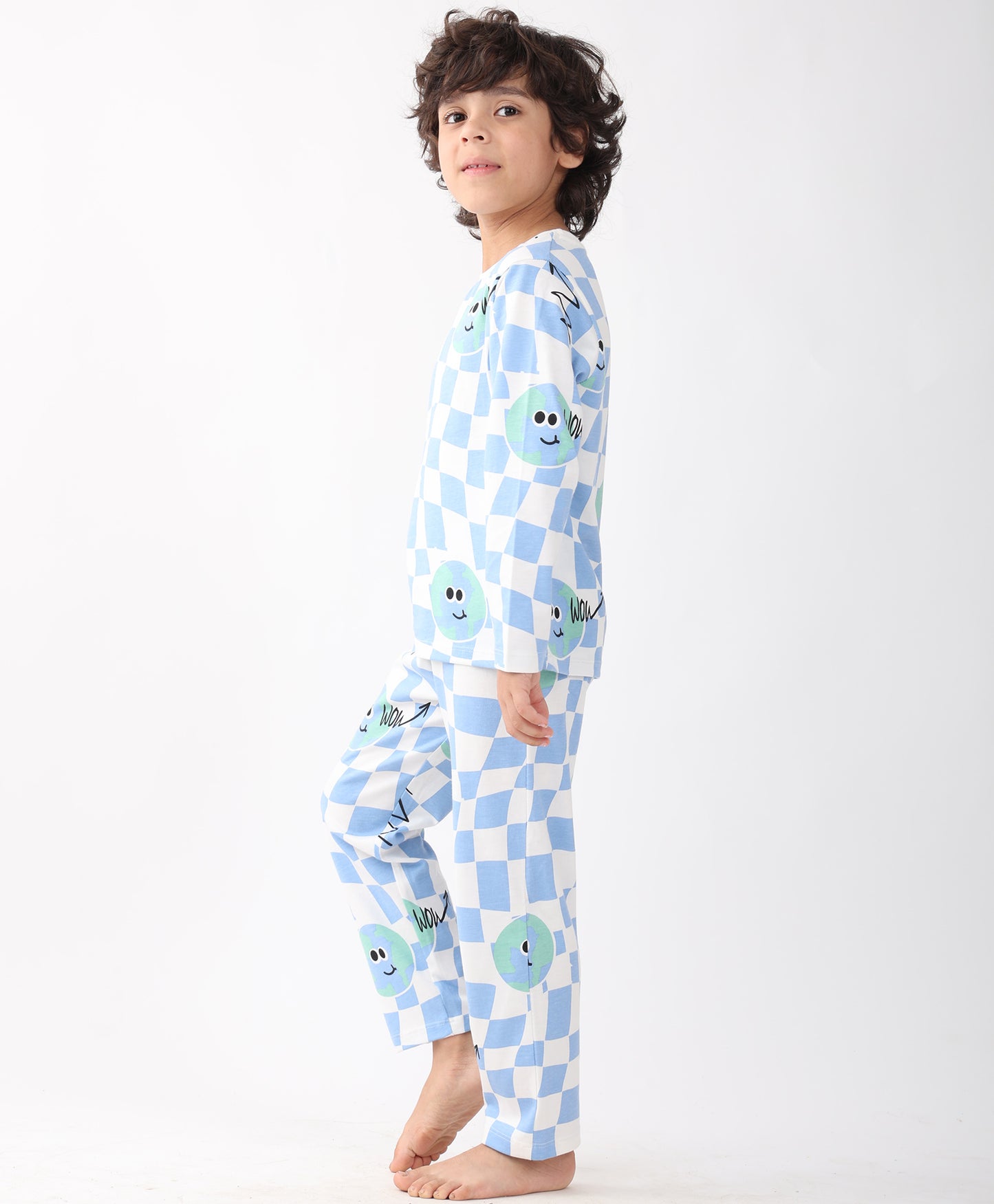 GLOBE CHECK LONG SLEEVE PYJAMA  SET - BLUE