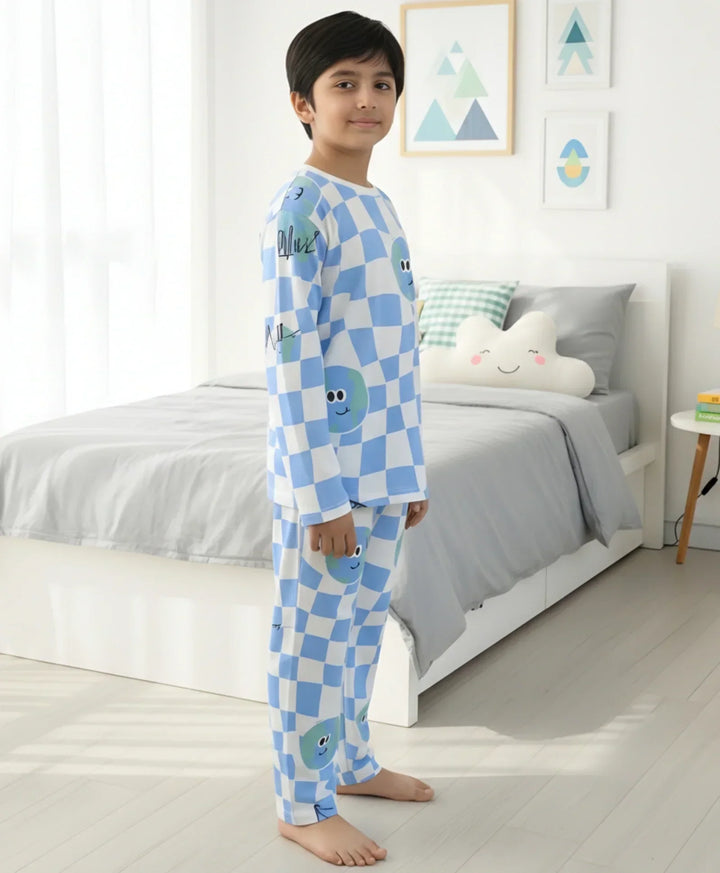 GLOBE CHECK LONG SLEEVE PYJAMA  SET - BLUE - Anthrilo 