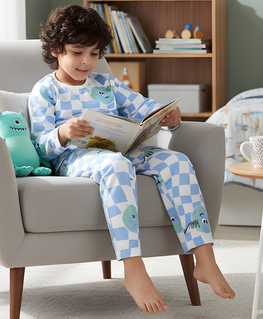 GLOBE CHECK LONG SLEEVE PYJAMA  SET - BLUE
