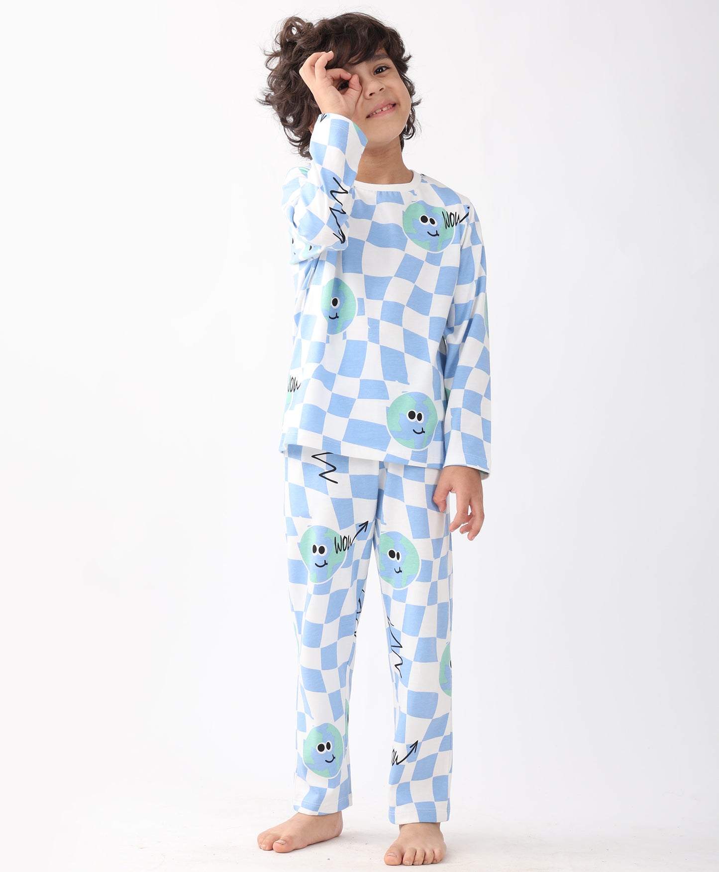 GLOBE CHECK LONG SLEEVE PYJAMA  SET - BLUE