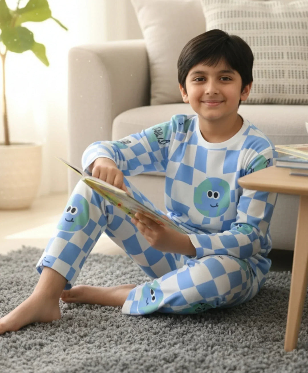 GLOBE CHECK LONG SLEEVE PYJAMA  SET - BLUE - Anthrilo 