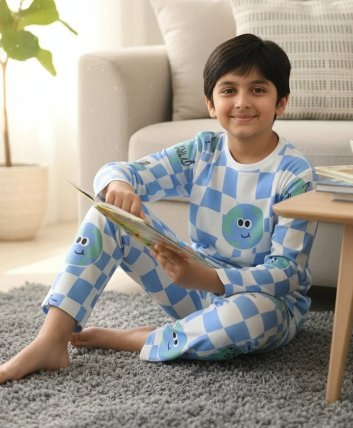 GLOBE CHECK LONG SLEEVE PYJAMA  SET - BLUE - Anthrilo 