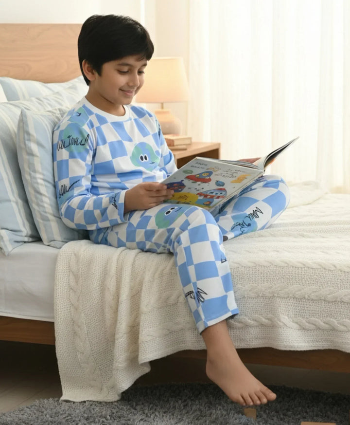 GLOBE CHECK LONG SLEEVE PYJAMA  SET - BLUE - Anthrilo 