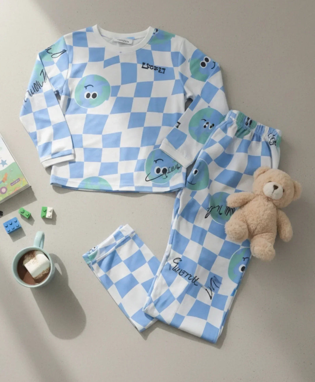 GLOBE CHECK LONG SLEEVE PYJAMA  SET - BLUE - Anthrilo 