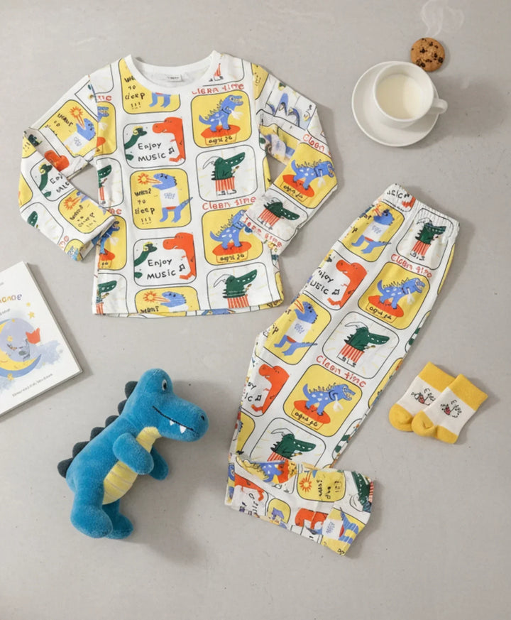 DINOSAUR STAMP LONG SLEEVE PYJAMA SET -WHITE - Anthrilo 