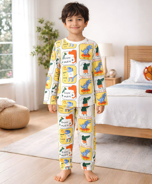 DINOSAUR STAMP LONG SLEEVE PYJAMA SET -WHITE