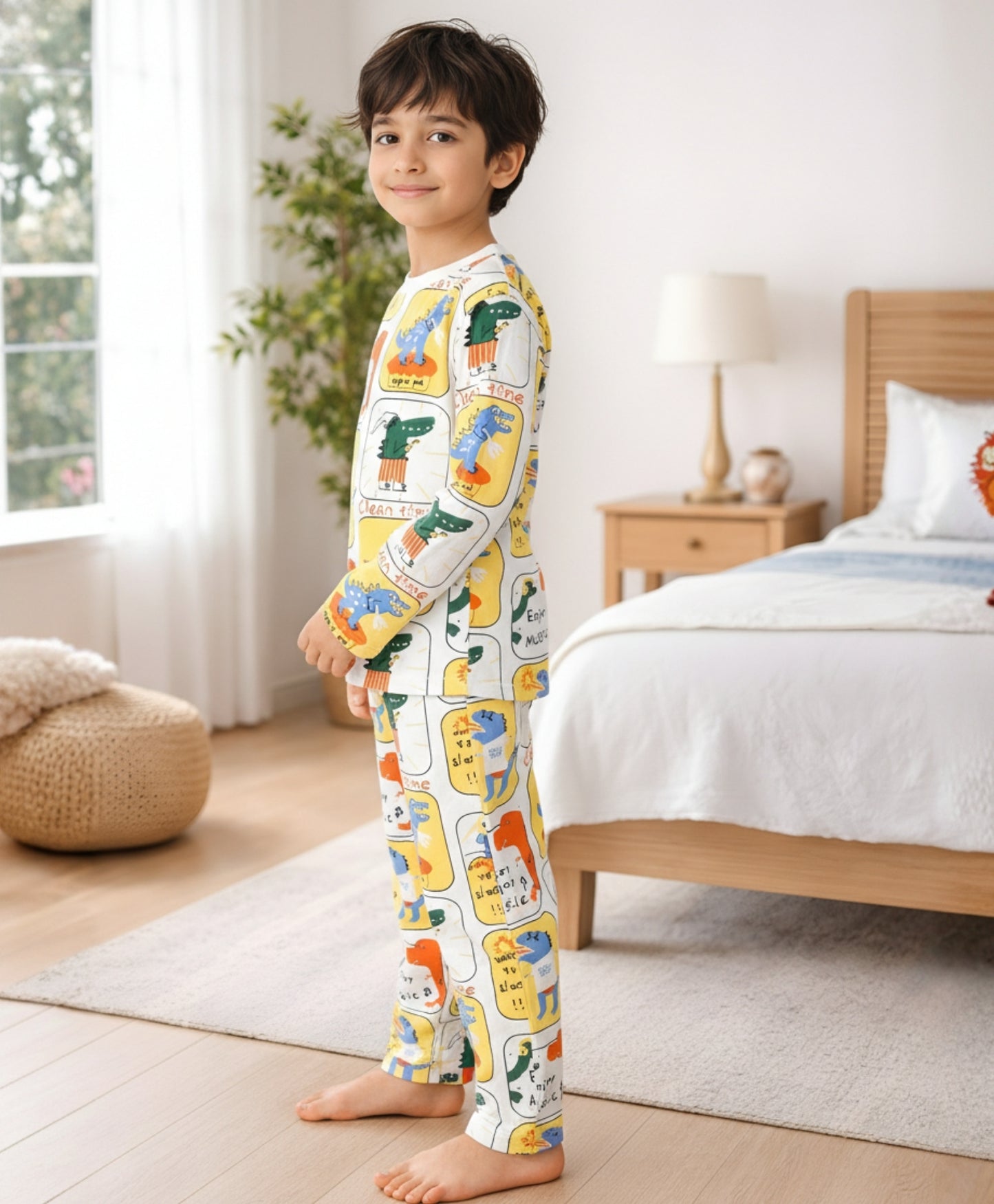 DINOSAUR STAMP LONG SLEEVE PYJAMA SET -WHITE