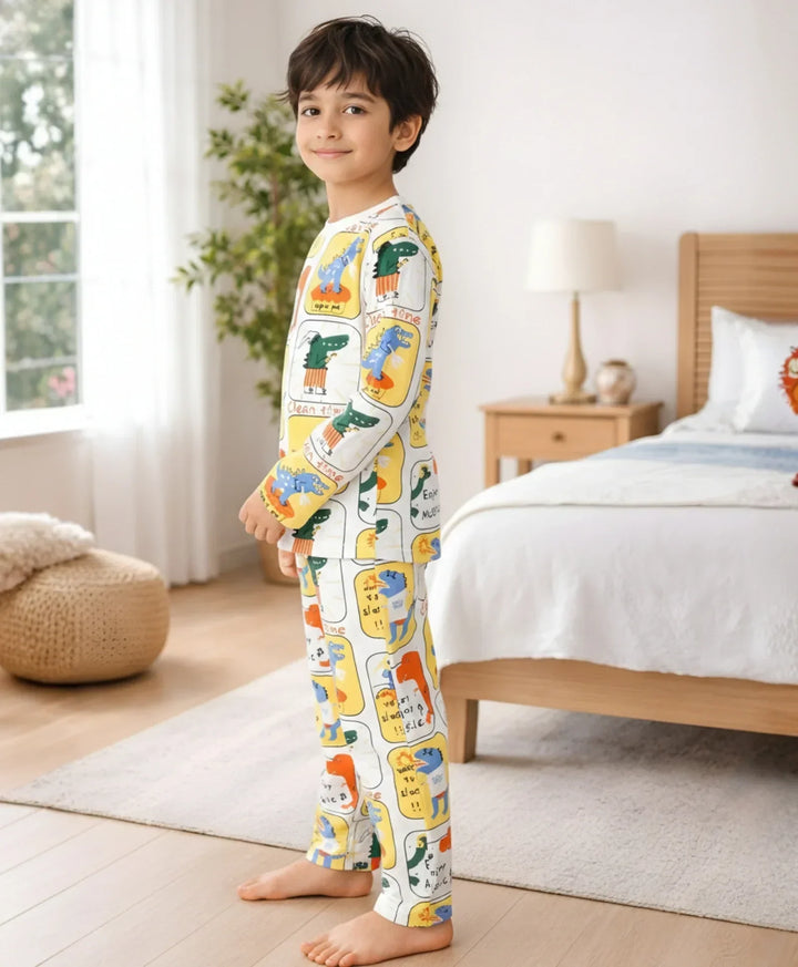 DINOSAUR STAMP LONG SLEEVE PYJAMA SET -WHITE - Anthrilo 
