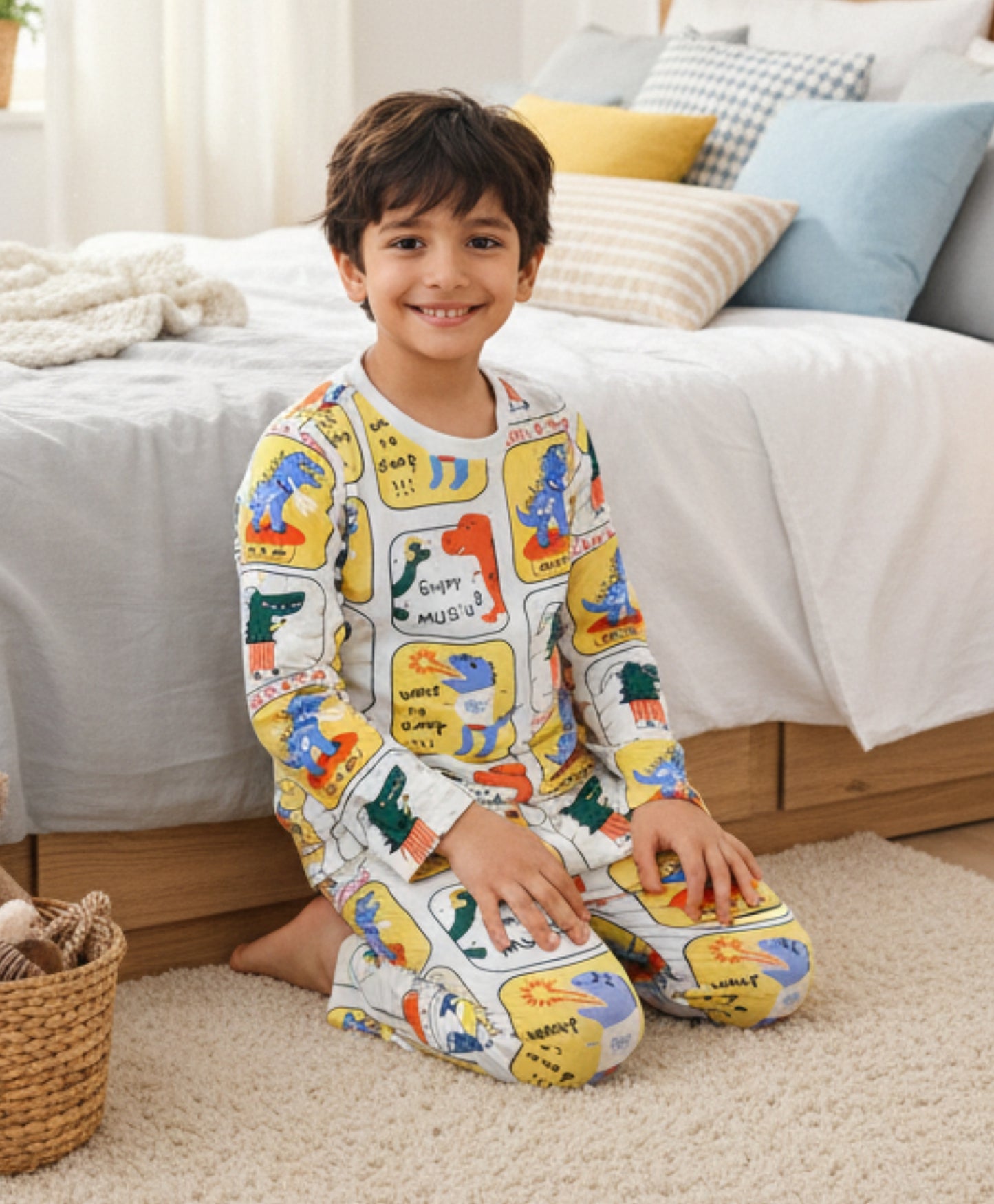 DINOSAUR STAMP LONG SLEEVE PYJAMA SET -WHITE