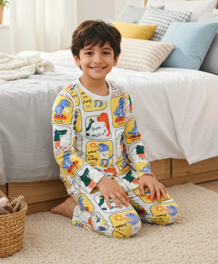 DINOSAUR STAMP LONG SLEEVE PYJAMA SET -WHITE - Anthrilo 