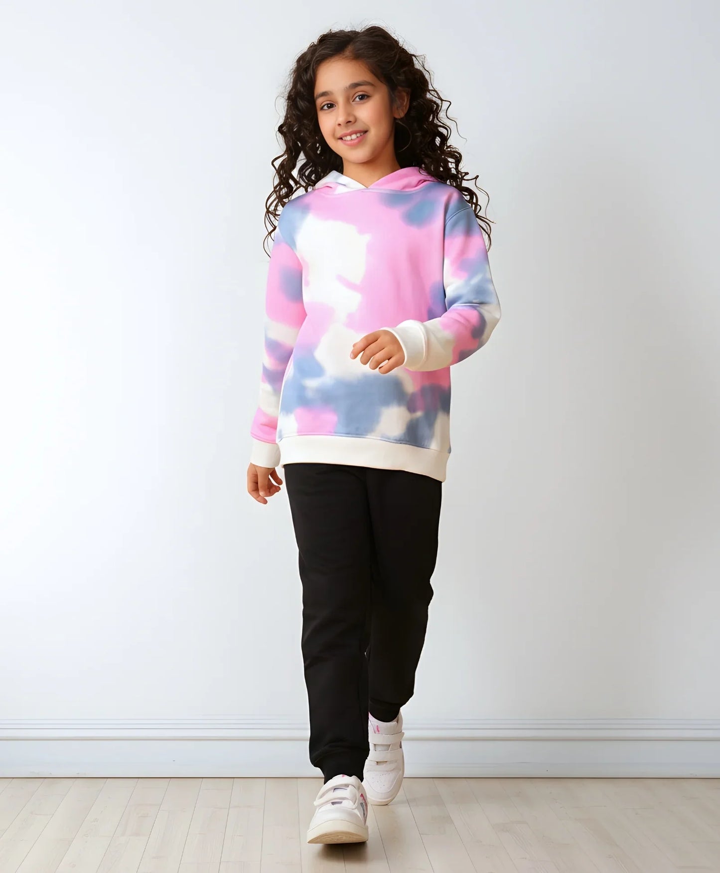 BLUE PINK TIE DYE FLEECE GIRLS HOODIE BLACK JOGGER SET - WHITE / BLACK