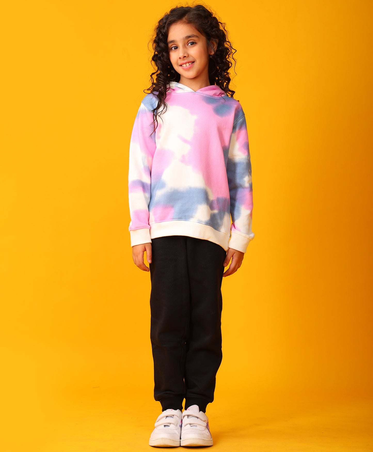 BLUE PINK TIE DYE FLEECE GIRLS HOODIE BLACK JOGGER SET - WHITE / BLACK