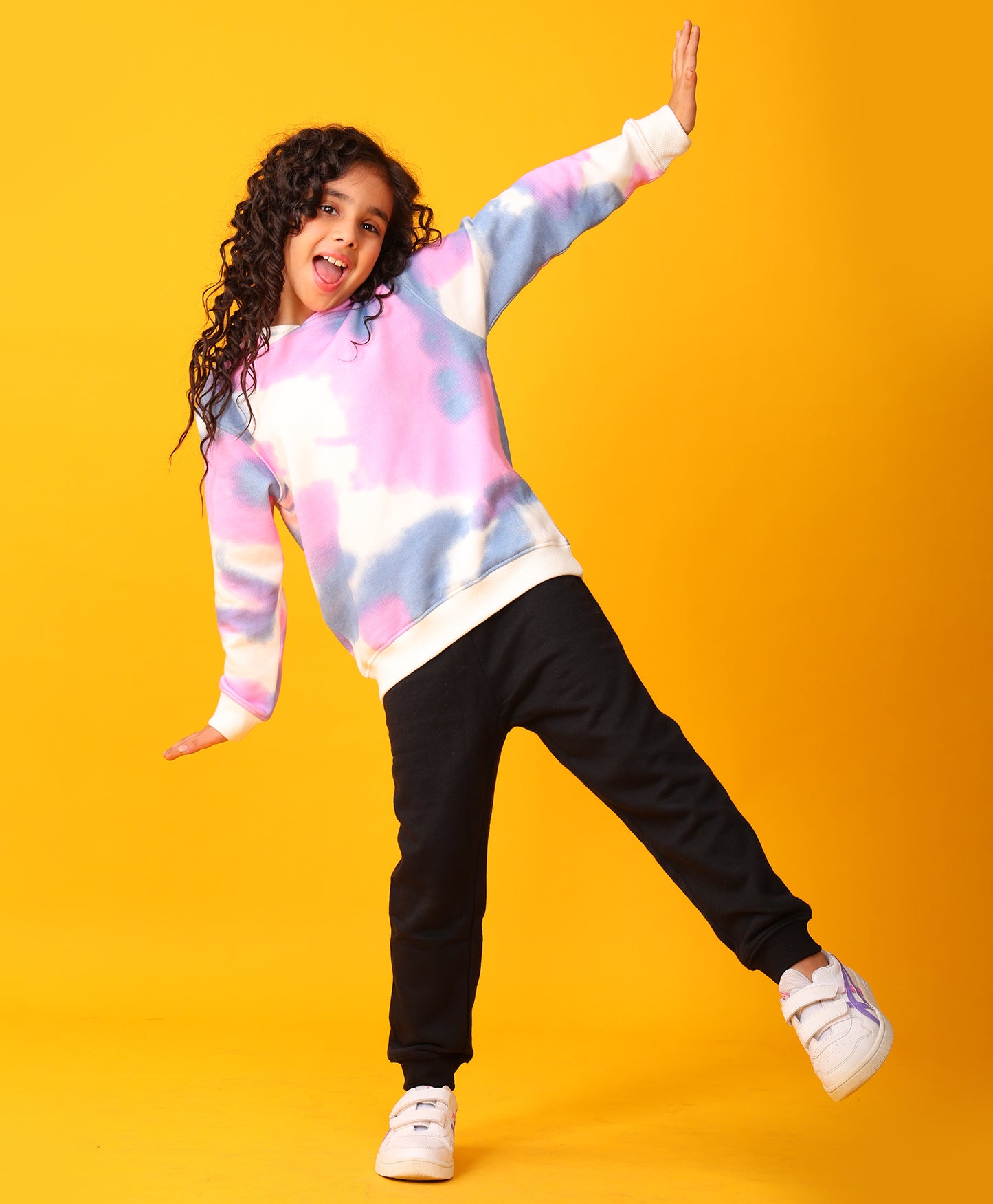 BLUE PINK TIE DYE FLEECE GIRLS HOODIE BLACK JOGGER SET - WHITE / BLACK
