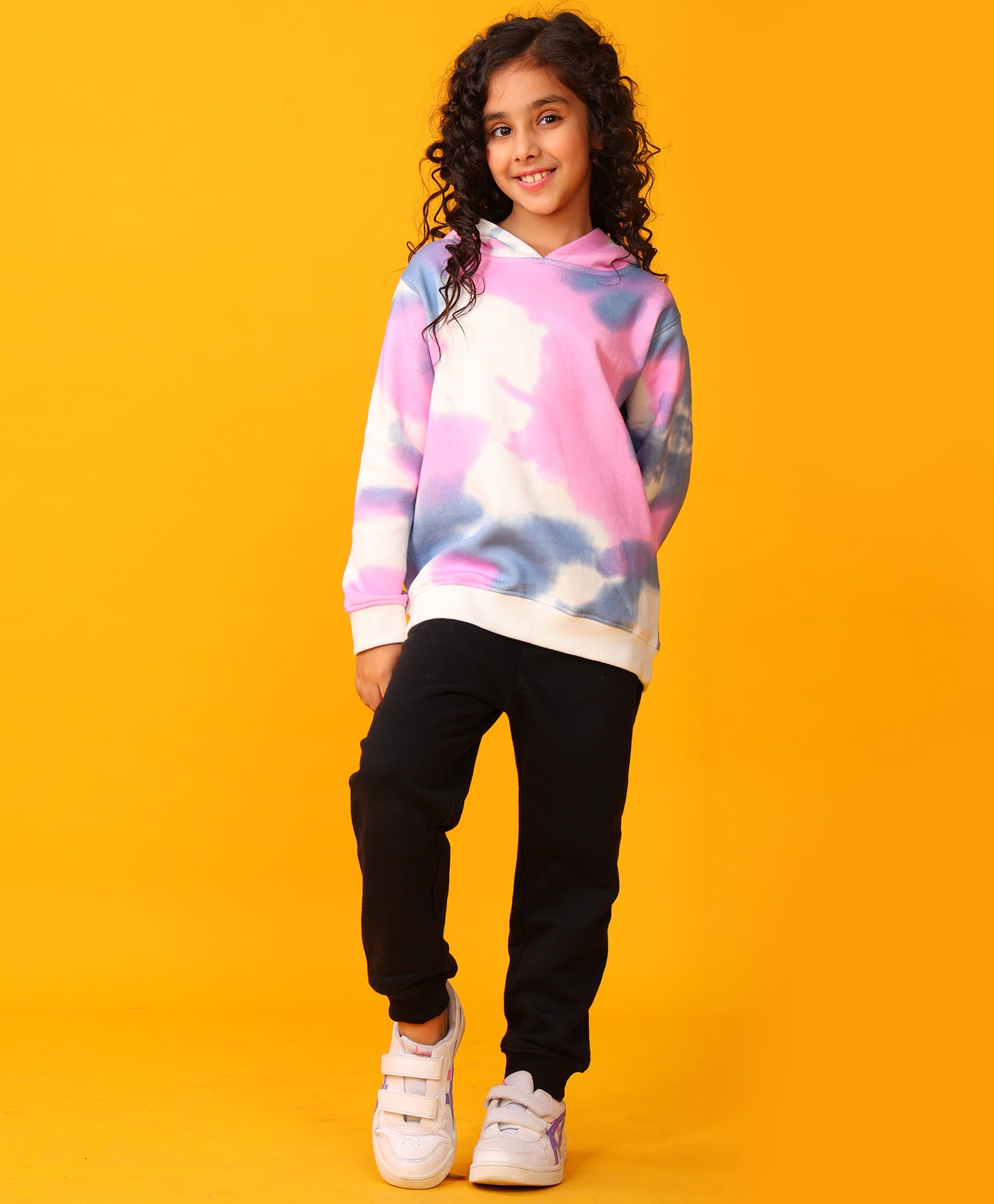 BLUE PINK TIE DYE FLEECE GIRLS HOODIE BLACK JOGGER SET - WHITE / BLACK