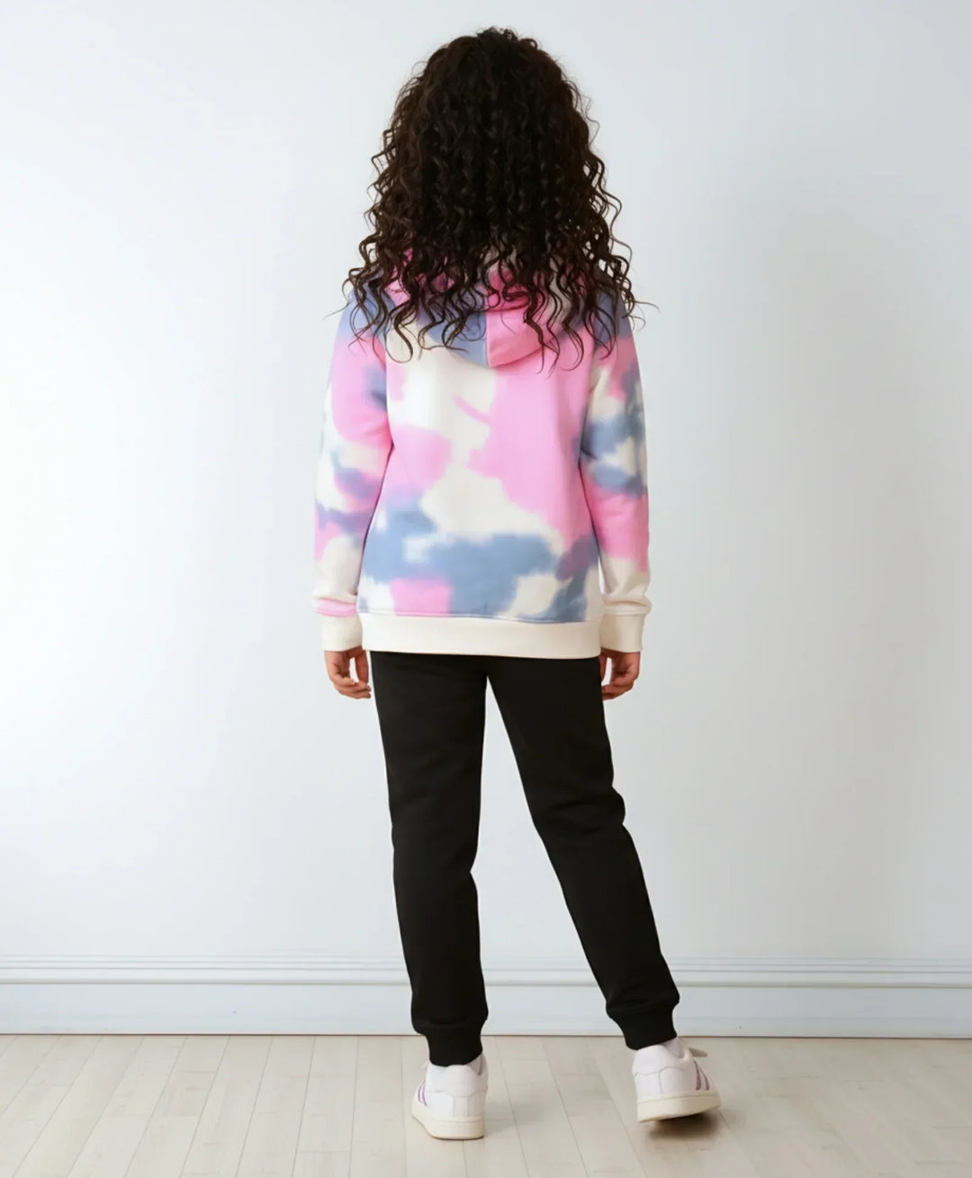 BLUE PINK TIE DYE FLEECE GIRLS HOODIE BLACK JOGGER SET - WHITE / BLACK - Anthrilo 