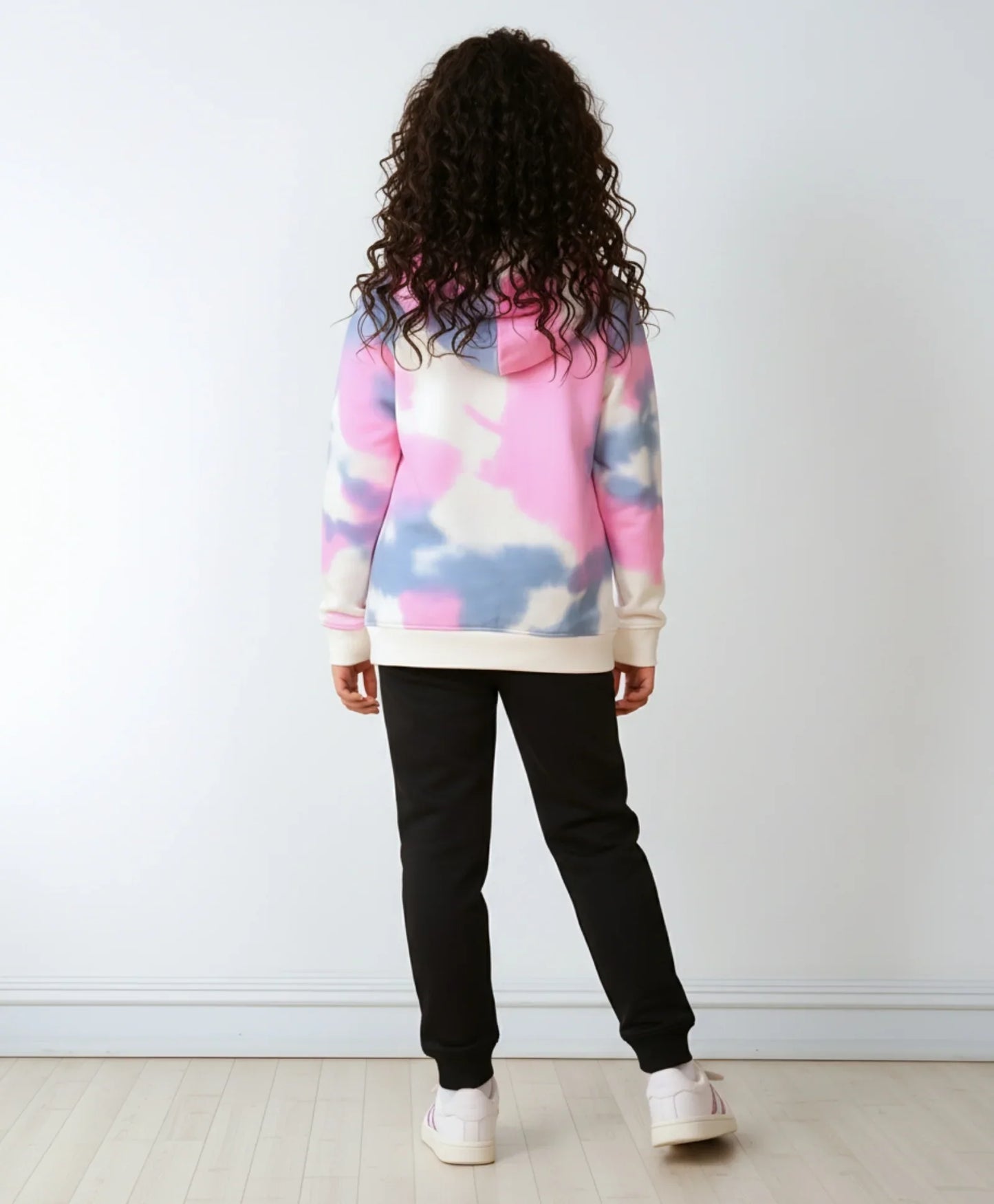 BLUE PINK TIE DYE FLEECE GIRLS HOODIE BLACK JOGGER SET - WHITE / BLACK