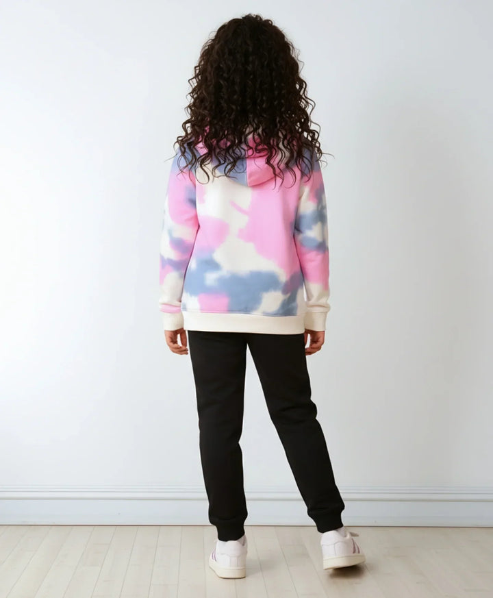 BLUE PINK TIE DYE FLEECE GIRLS HOODIE BLACK JOGGER SET - WHITE / BLACK - Anthrilo 