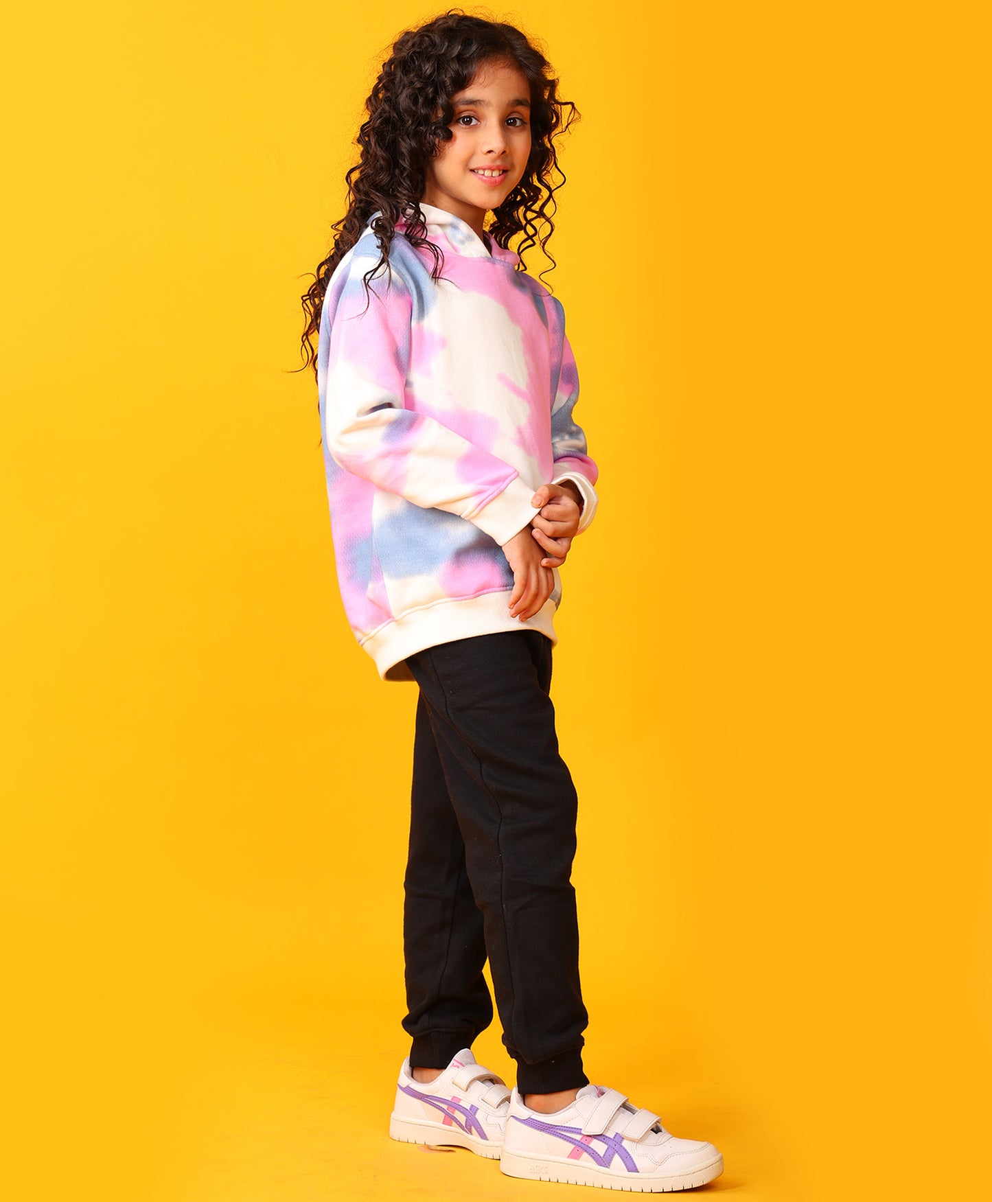 BLUE PINK TIE DYE FLEECE GIRLS HOODIE BLACK JOGGER SET - WHITE / BLACK