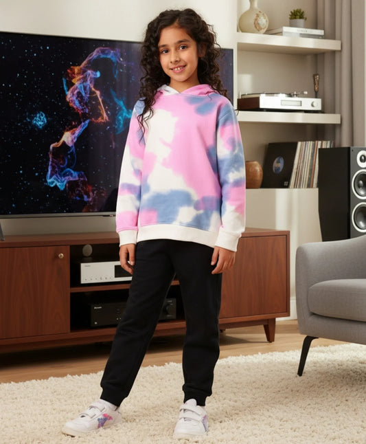BLUE PINK TIE DYE FLEECE GIRLS HOODIE BLACK JOGGER SET - WHITE / BLACK