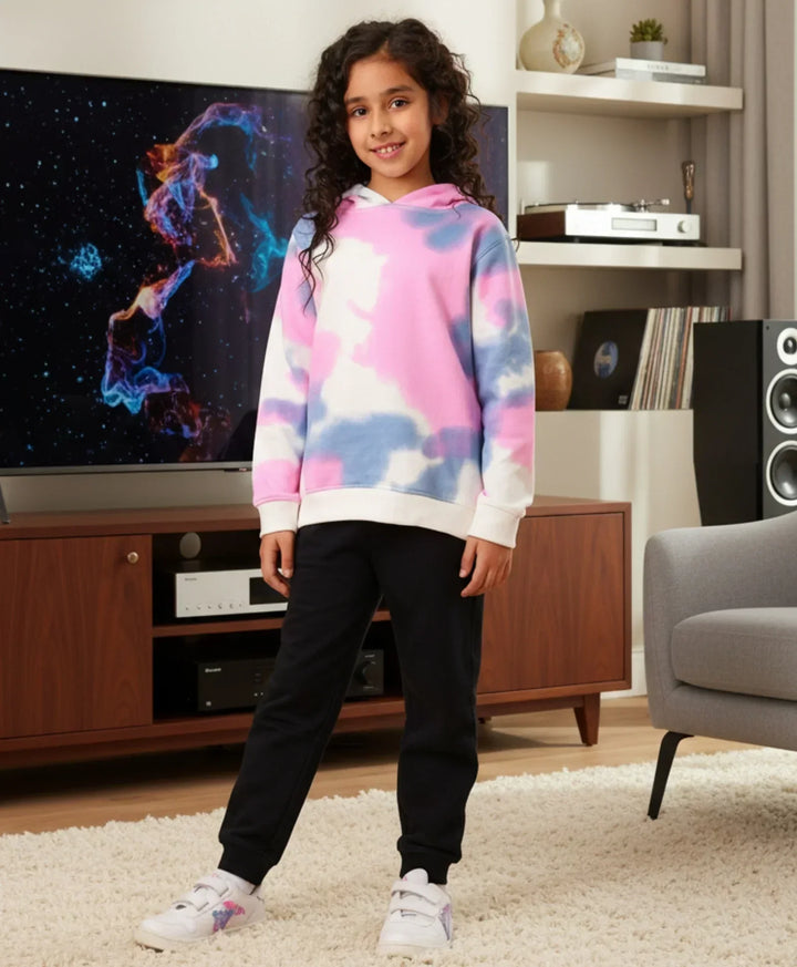 BLUE PINK TIE DYE FLEECE GIRLS HOODIE BLACK JOGGER SET - WHITE / BLACK - Anthrilo 