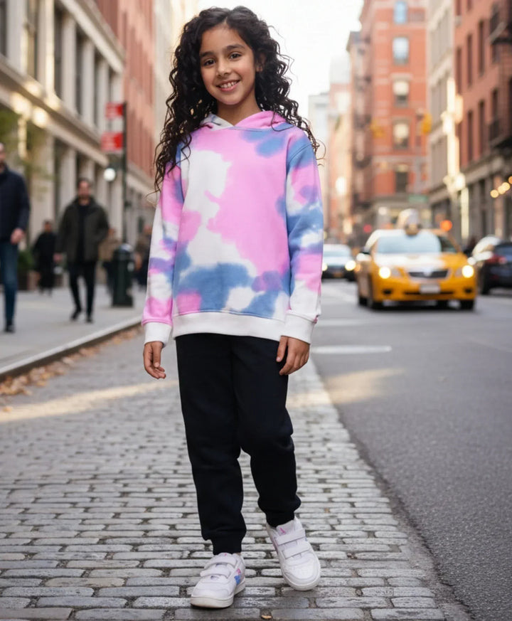 BLUE PINK TIE DYE FLEECE GIRLS HOODIE BLACK JOGGER SET - WHITE / BLACK - Anthrilo 