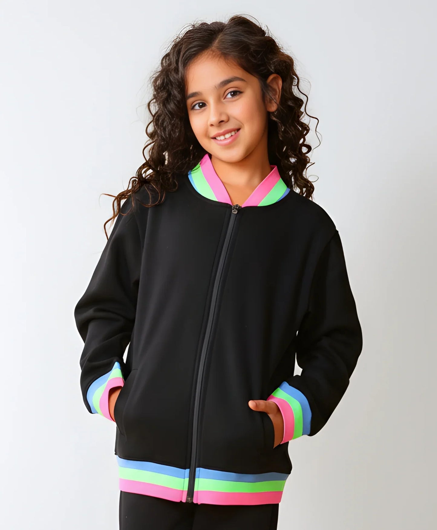 PINK NEON RIB ZIPPER GIRLS FLEECE SWEATSHIRT - BLACK
