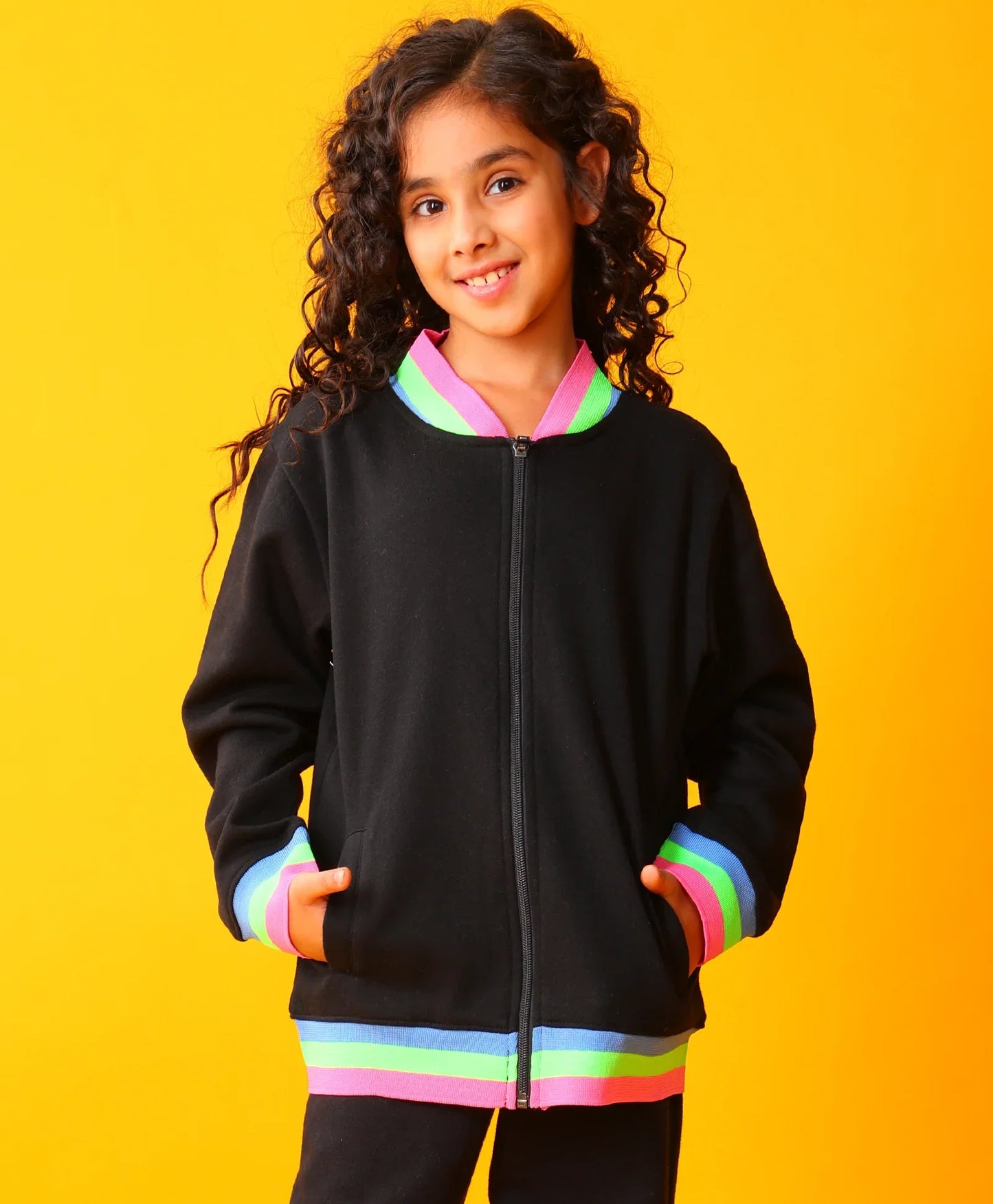 PINK NEON RIB ZIPPER GIRLS FLEECE SWEATSHIRT - BLACK