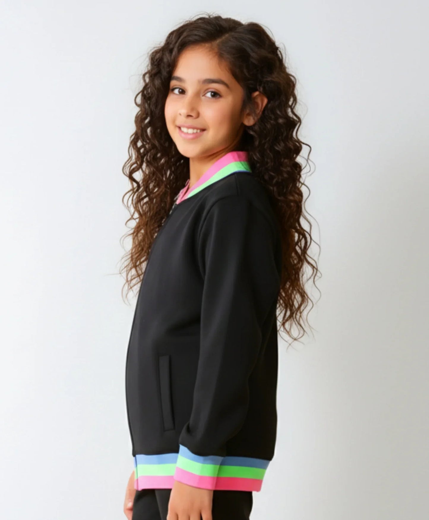 PINK NEON RIB ZIPPER GIRLS FLEECE SWEATSHIRT - BLACK