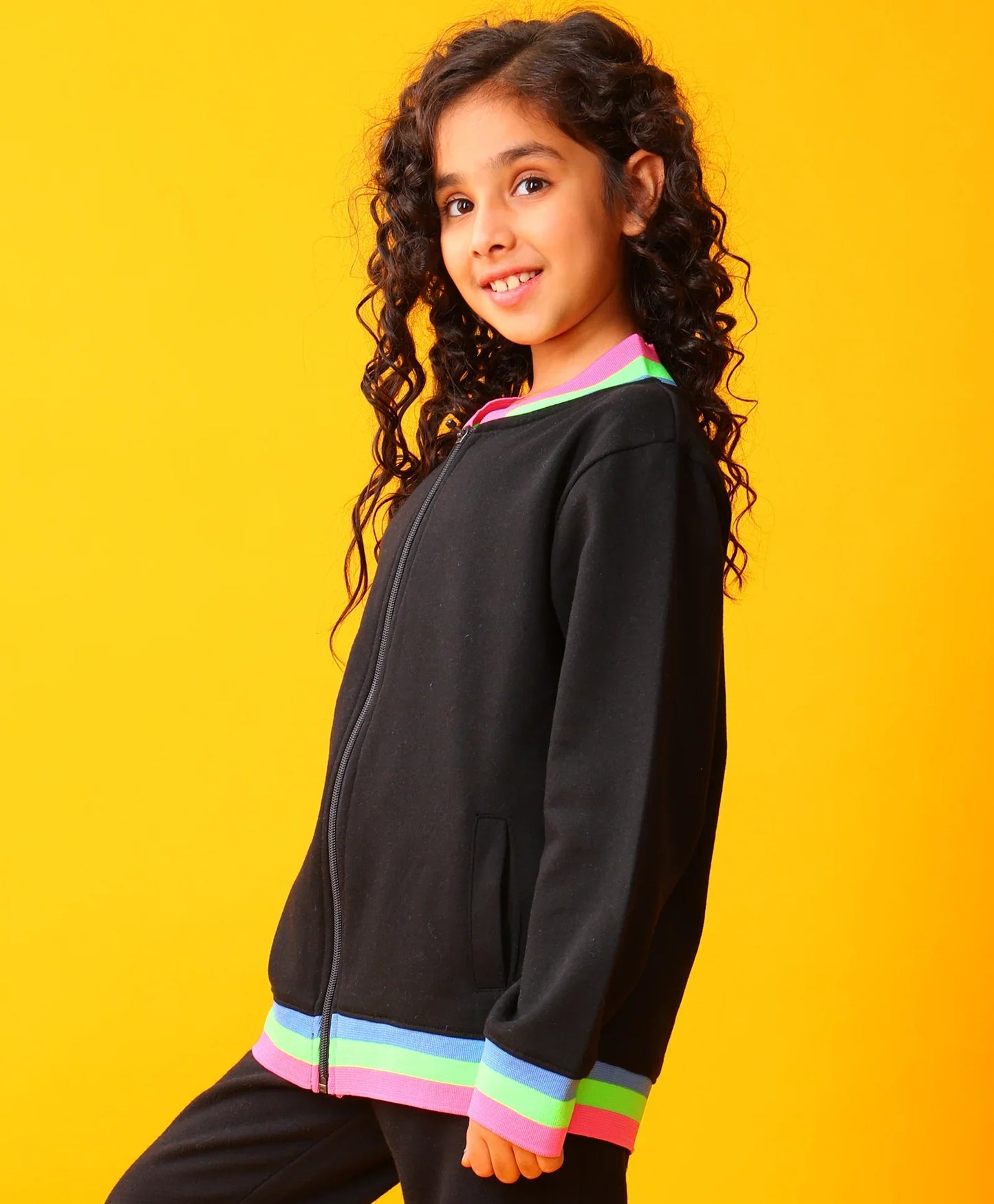 PINK NEON RIB ZIPPER GIRLS FLEECE SWEATSHIRT - BLACK