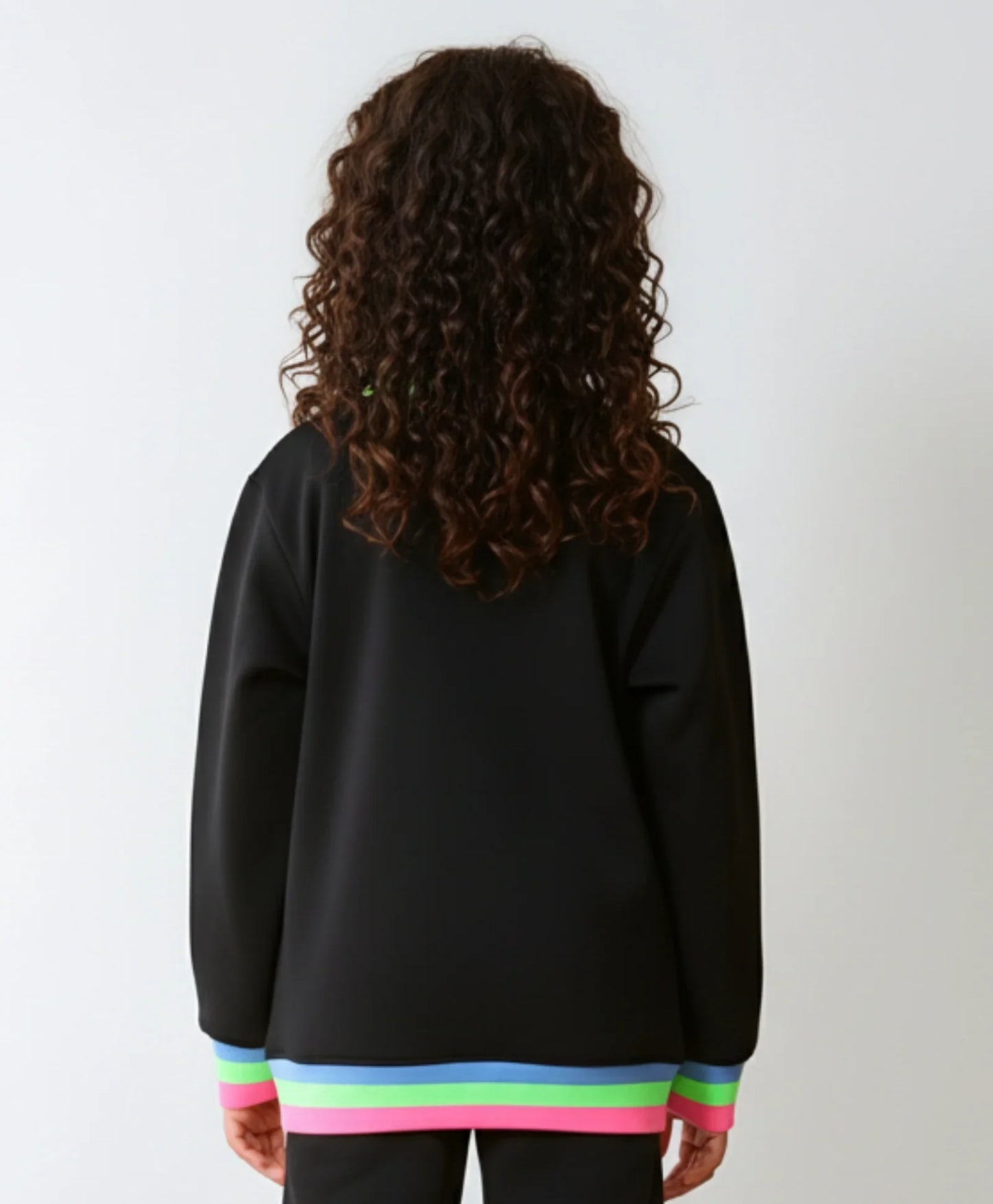 PINK NEON RIB ZIPPER GIRLS FLEECE SWEATSHIRT - BLACK