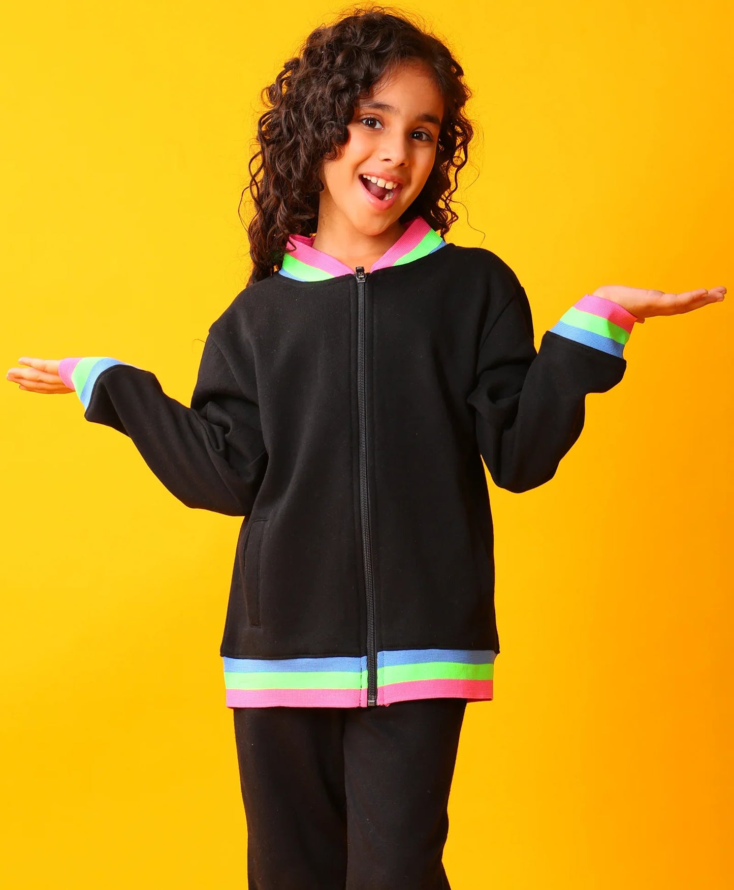 PINK NEON RIB ZIPPER GIRLS FLEECE SWEATSHIRT - BLACK
