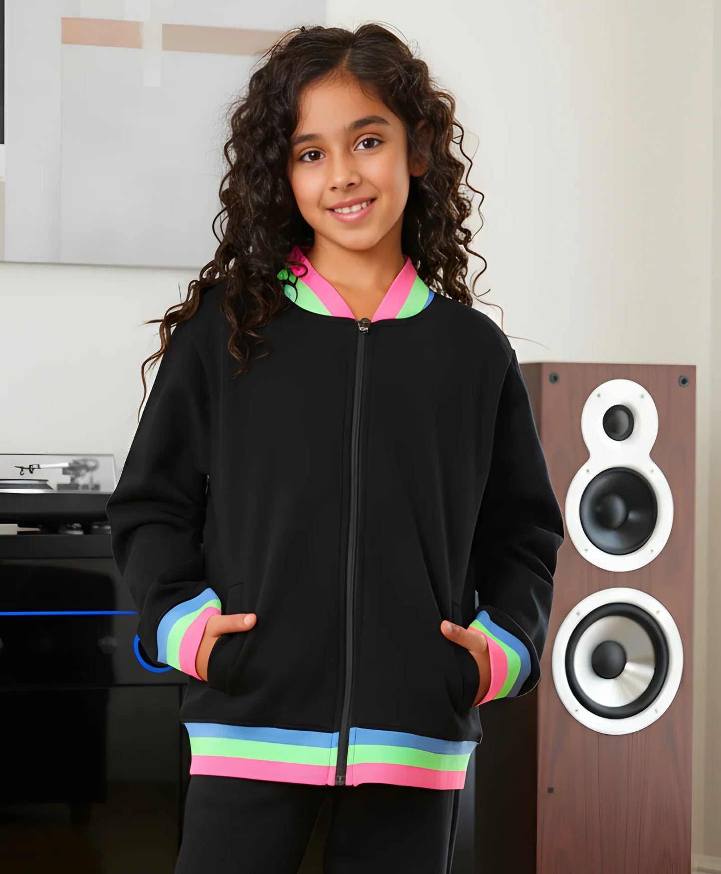 PINK NEON RIB ZIPPER GIRLS FLEECE SWEATSHIRT - BLACK