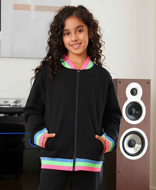 PINK NEON RIB ZIPPER GIRLS FLEECE SWEATSHIRT - BLACK