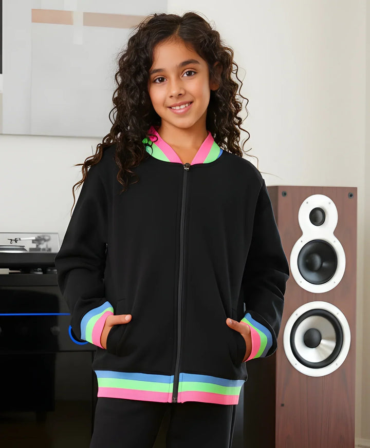 PINK NEON RIB ZIPPER GIRLS FLEECE SWEATSHIRT - BLACK - Anthrilo 