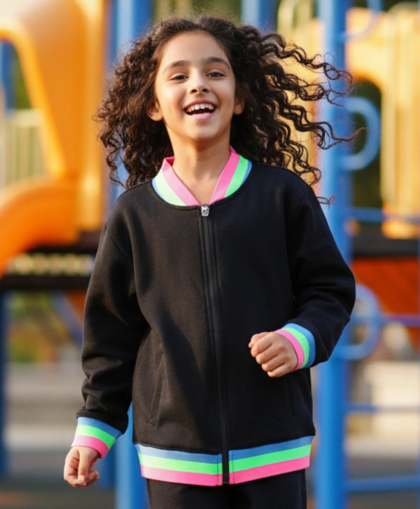 PINK NEON RIB ZIPPER GIRLS FLEECE SWEATSHIRT - BLACK