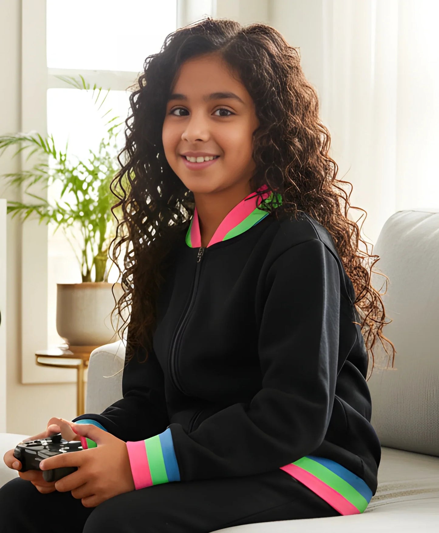 PINK NEON RIB ZIPPER GIRLS FLEECE SWEATSHIRT - BLACK