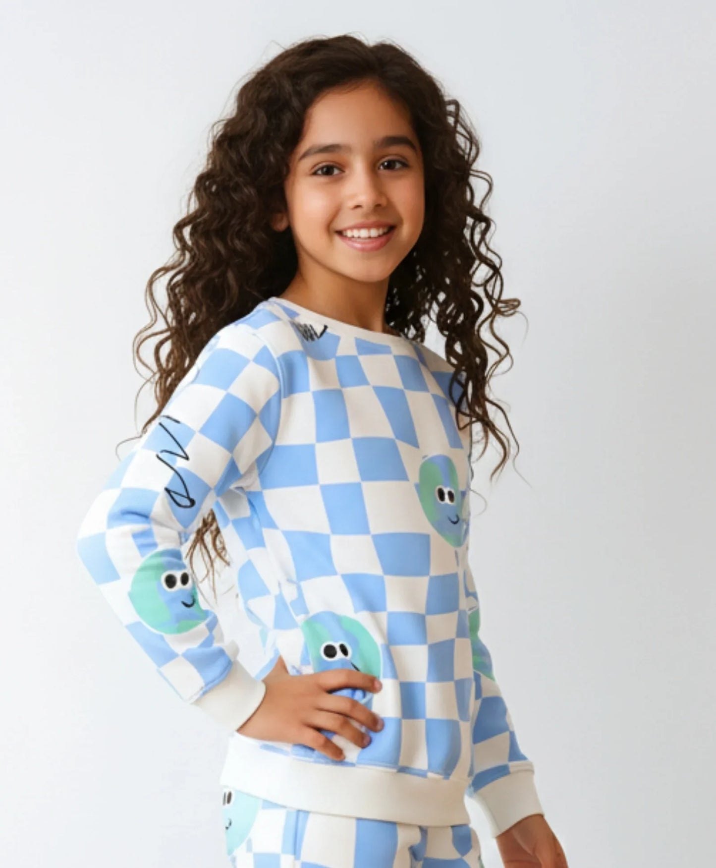 GLOBE CHECK GIRLS FLEECE SWEATSHIRT - BLUE