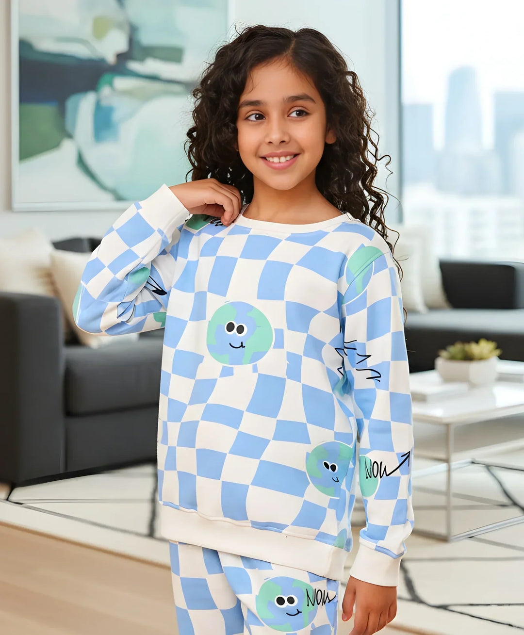GLOBE CHECK GIRLS FLEECE SWEATSHIRT - BLUE - Anthrilo 