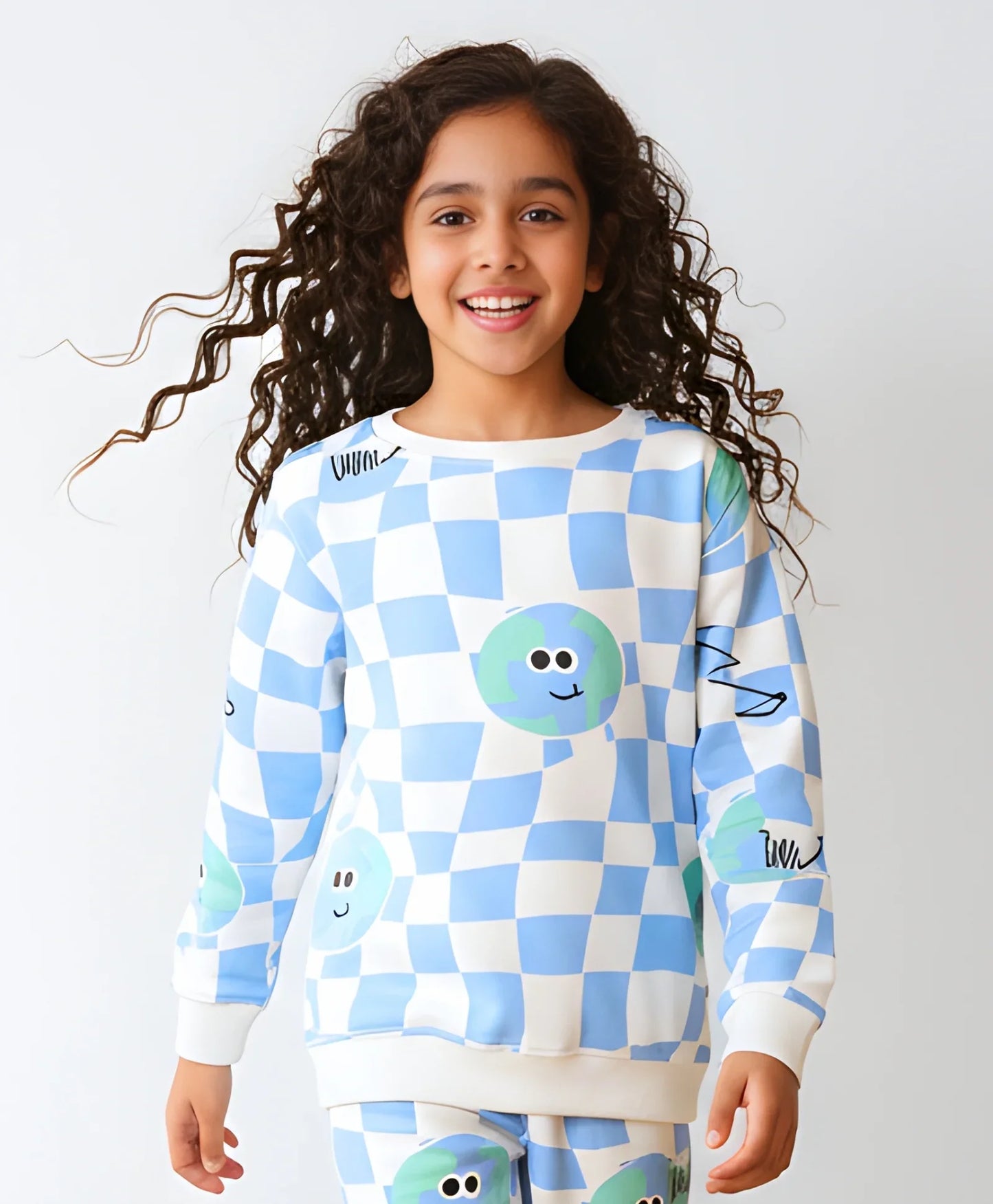GLOBE CHECK GIRLS FLEECE SWEATSHIRT - BLUE