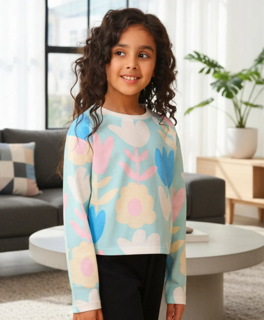 AQUA FLOWER LONG SLEEVE GIRLS T-SHIRT - AQUA