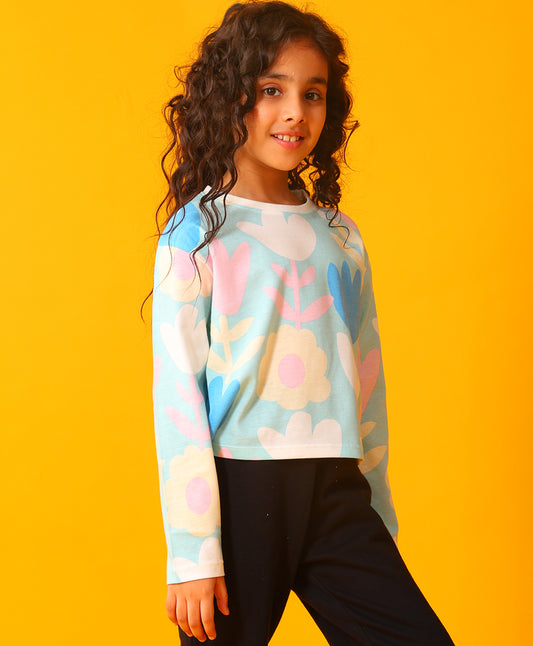 AQUA FLOWER LONG SLEEVE GIRLS T-SHIRT - AQUA