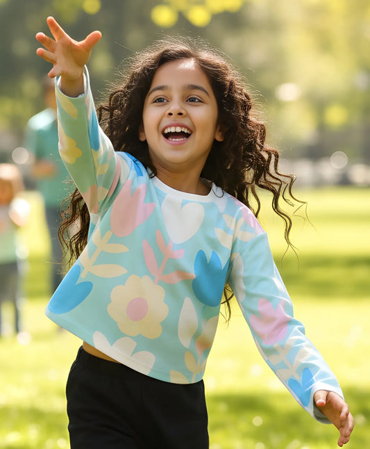 AQUA FLOWER LONG SLEEVE GIRLS T-SHIRT - AQUA