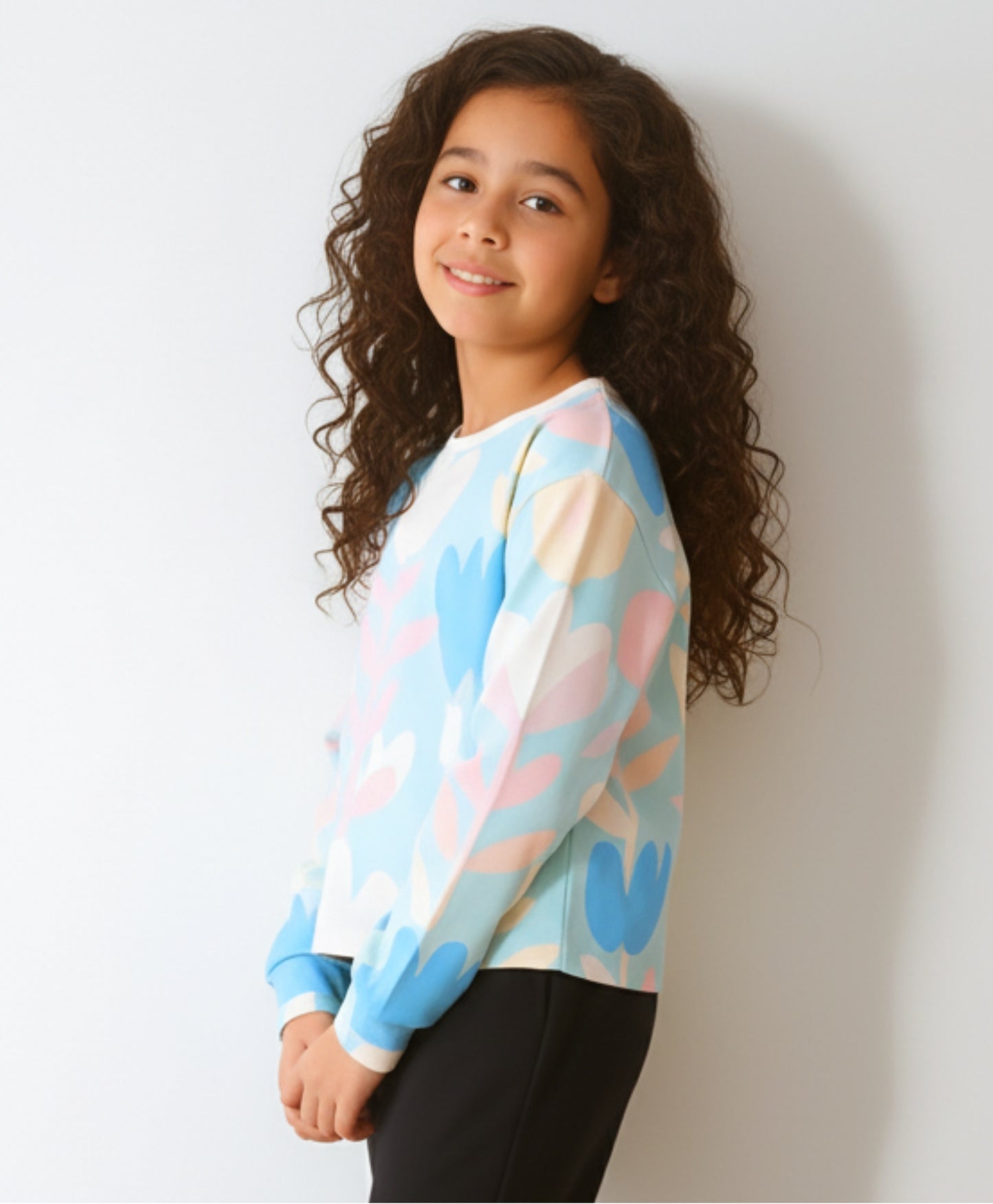 AQUA FLOWER LONG SLEEVE GIRLS T-SHIRT - AQUA - Anthrilo 