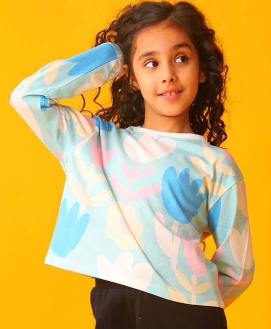 AQUA FLOWER LONG SLEEVE GIRLS T-SHIRT - AQUA