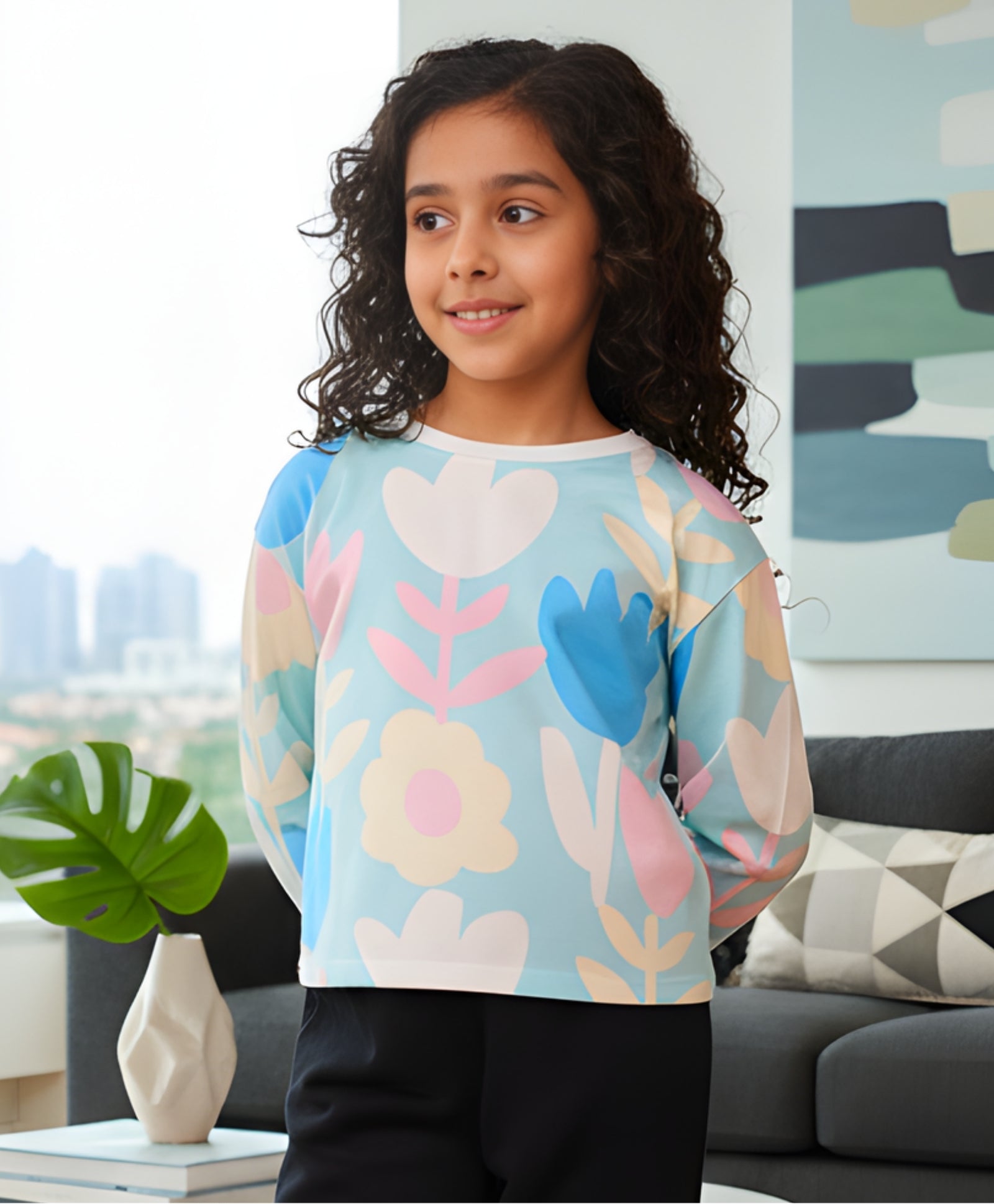 AQUA FLOWER LONG SLEEVE GIRLS T-SHIRT - AQUA - Anthrilo 