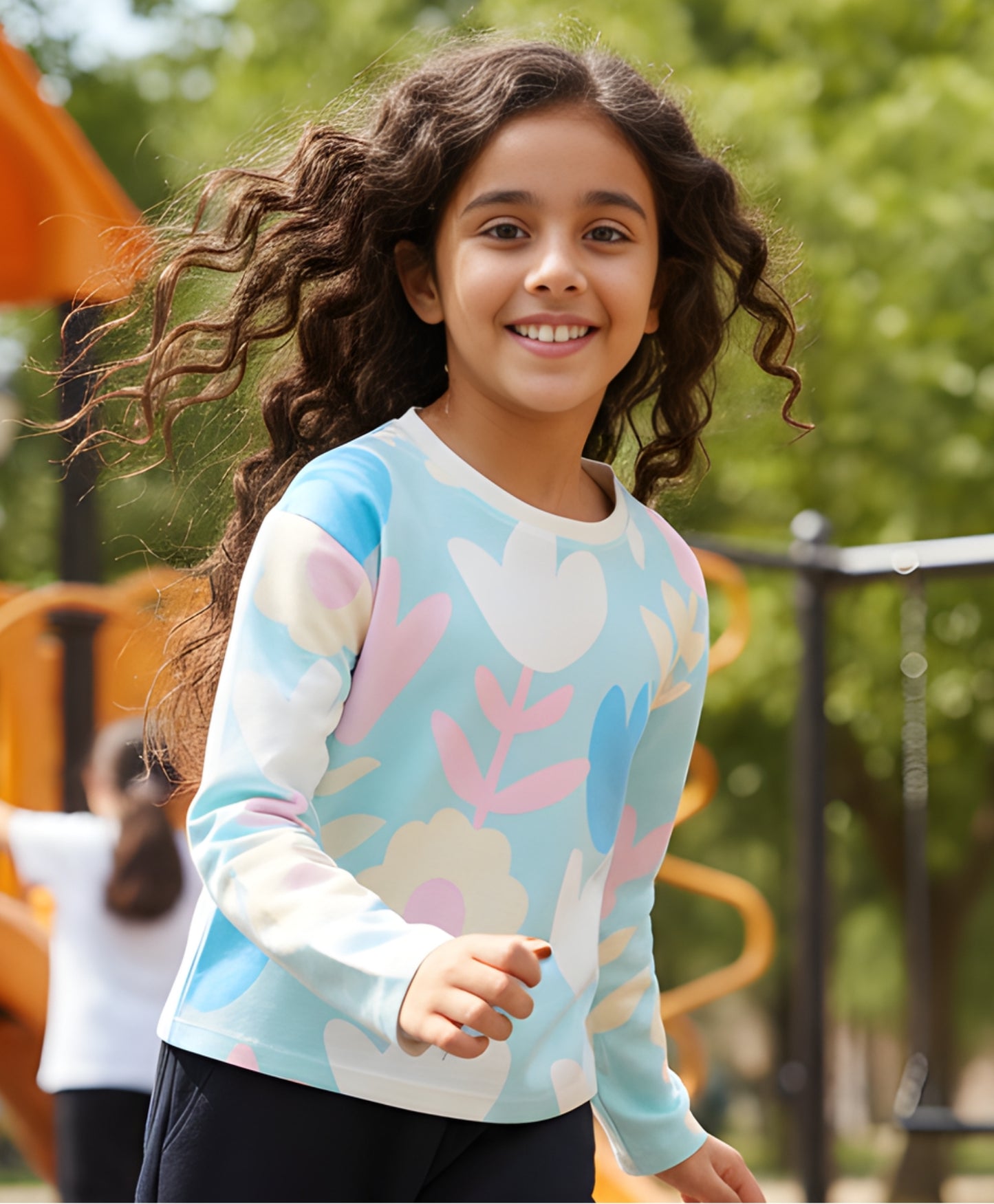 AQUA FLOWER LONG SLEEVE GIRLS T-SHIRT - AQUA - Anthrilo 