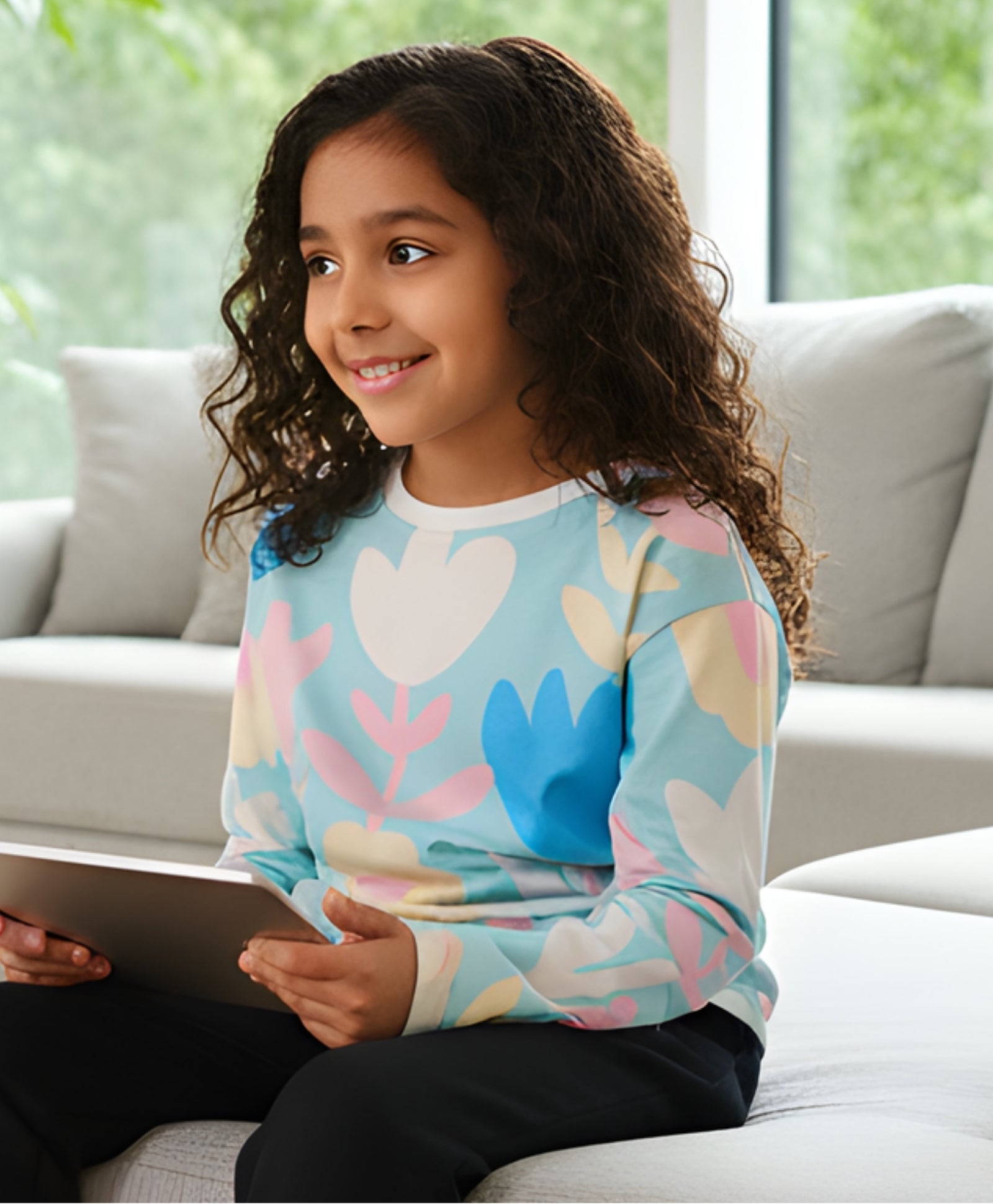 AQUA FLOWER LONG SLEEVE GIRLS T-SHIRT - AQUA - Anthrilo 