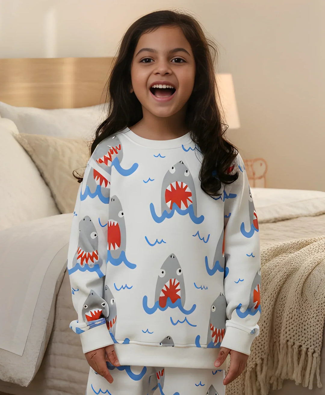 SLEEPY SHARK GIRLS FLEECE SWEATSHIRT - OFF WHITE - Anthrilo 